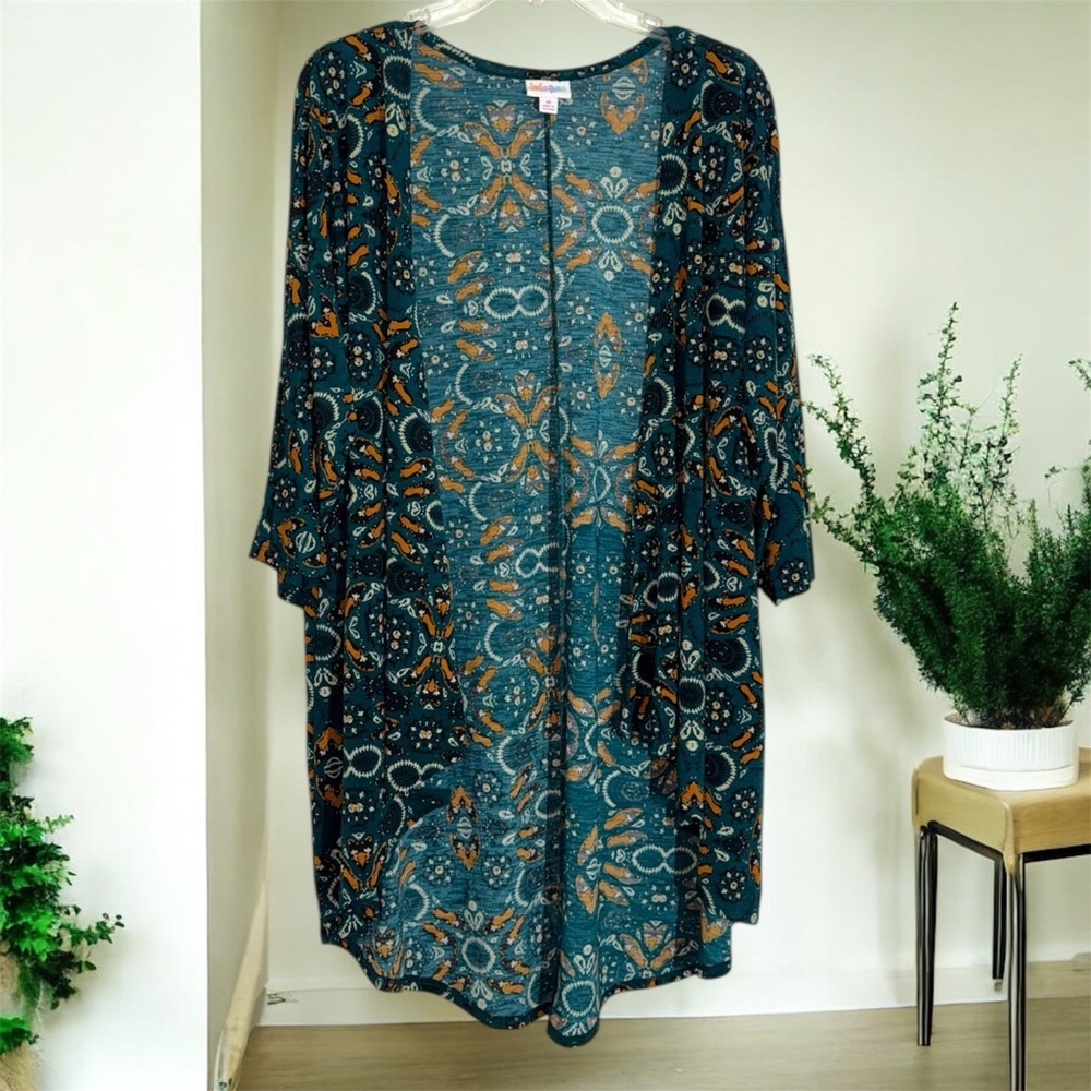 LuLaRoe Lindsey Teal Green and Brown Patterned Kimono Cardigan size M